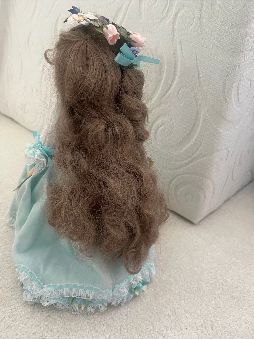 Vintage Collectible Mint Green Porcelain Doll Floral Headpiece BasketCollectible